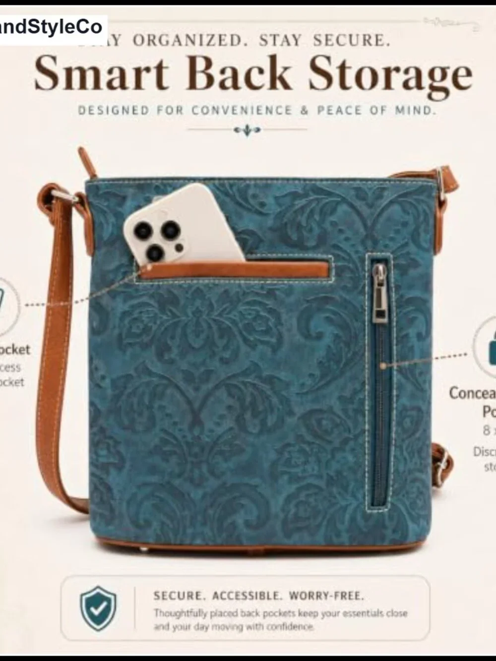 Western Fringe Crossbody Purse with Embossed Floral Brown Faux Leather Shoulder